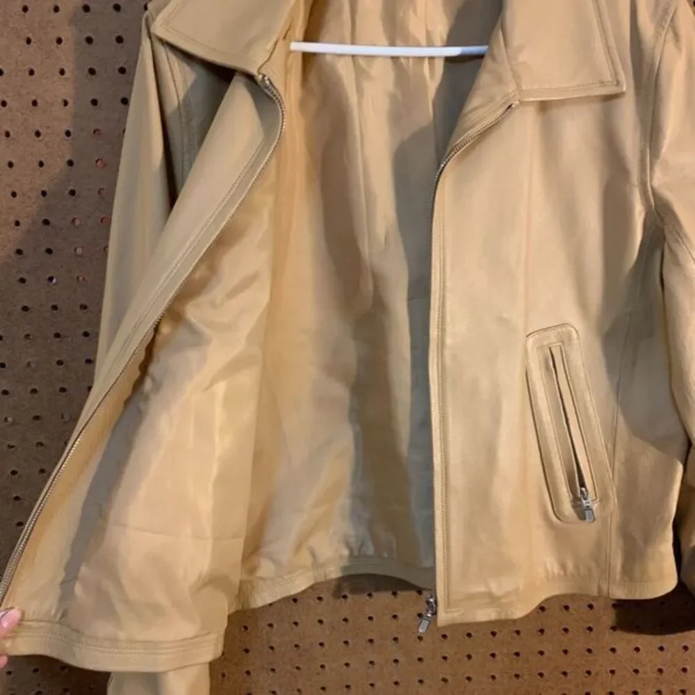 VTG Tan Leather Jacket Blazer 90s Y2K Newport‎ News Minimal Full Zip Retro Sz 14